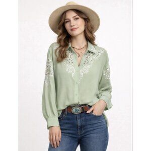 Vintage Artsy Boho 100% Silk Button Shirt Women 1X Embroidered Cut Outs Green